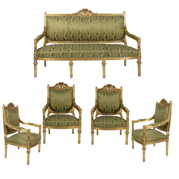 Living room in gilded and carved wood and padded fabric