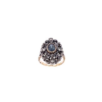 Antico Anello in Oro Giallo 14kt, Argento Zaffiro e Diamanti