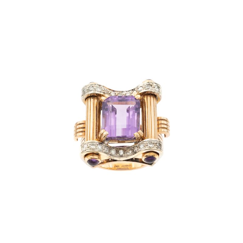 Anello a Ponte in Oro a Due Colori 18kt Ametista e Diamanti