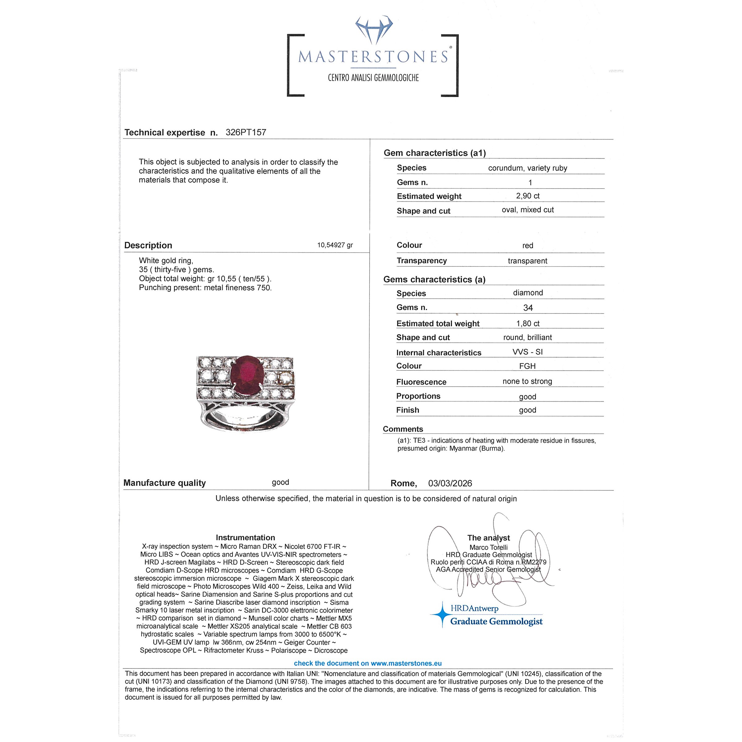 Anello a ponte in oro bianco 18kt rubino birmano naturale