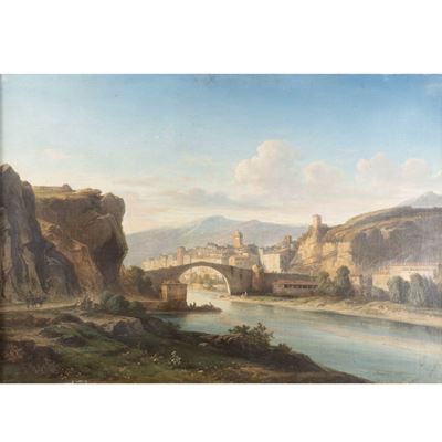Nicolas Victor Fonville, Paesaggio fluviale con borgo, 1851, olio su tela