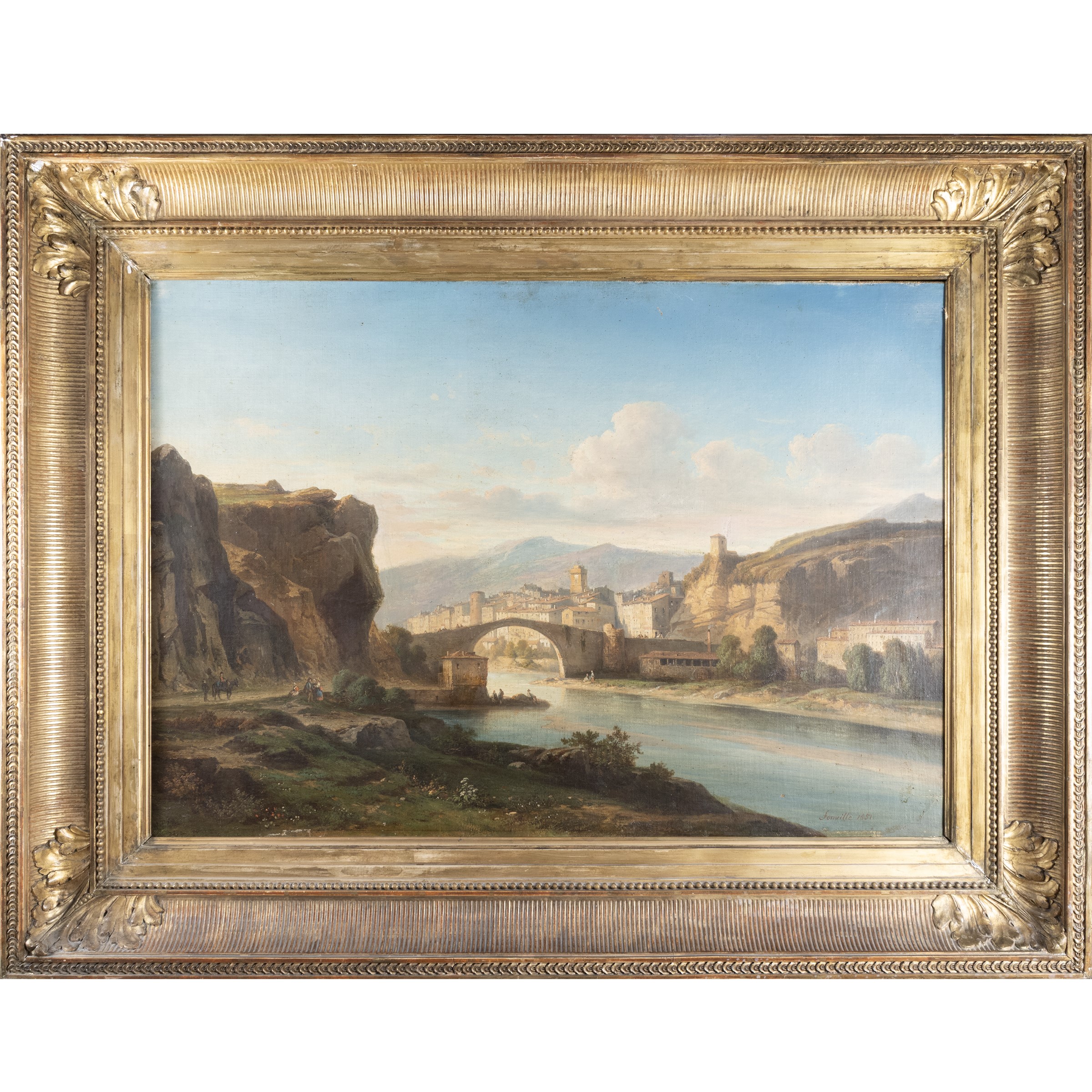 Nicolas Victor Fonville, Paesaggio fluviale con borgo, 1851, olio su tela