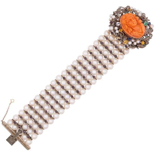 9kt yellow gold and silver bracelet with cultured pearls and rubies