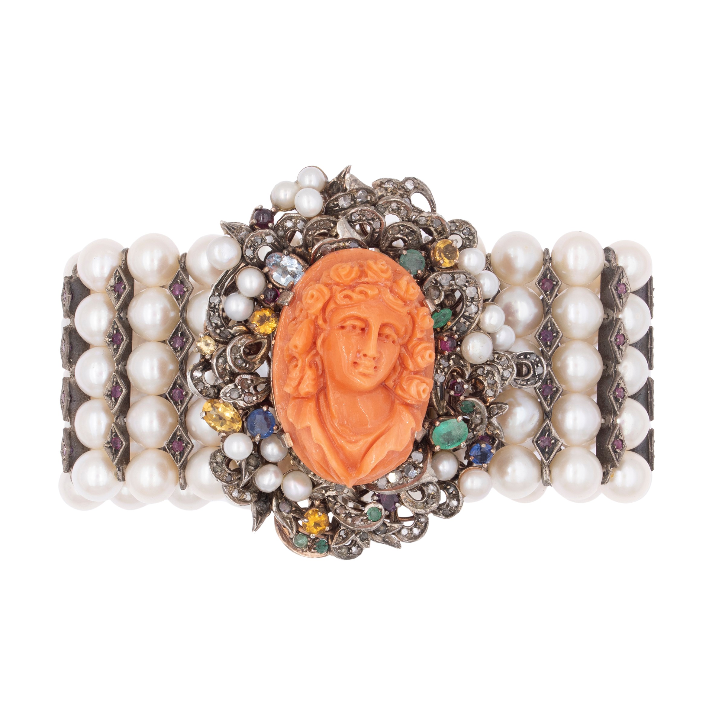 Bracciale in Oro Giallo 9kt e Argento Perle Coltivate e Rubini