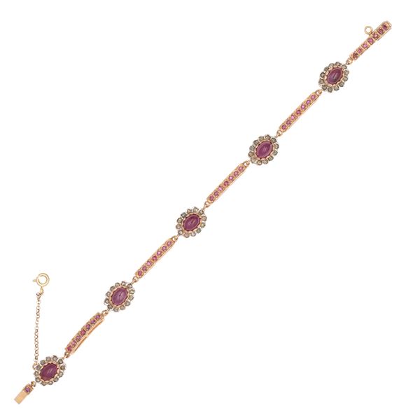9kt rose gold and silver bracelet with rubies and diamond roses
