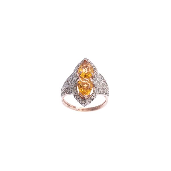 9kt rose gold and silver with citrini quartz and diamond roses ring