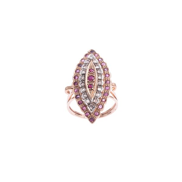 9kt rose gold and silver with rubies and diamond roses ring