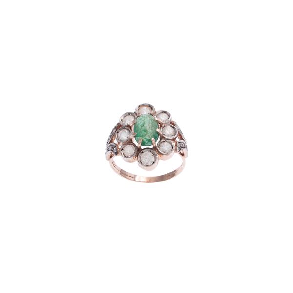 9kt rose gold and silver ring with emerald and diamonds