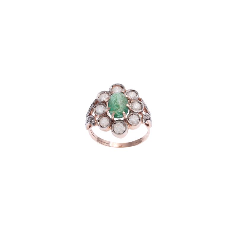 Anello in Oro Rosa 9kt e Argento con Smeraldo e Diamanti
