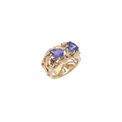 Anello in oro giallo 9 kt con tanzaniti, diamanti e tormaline rosa