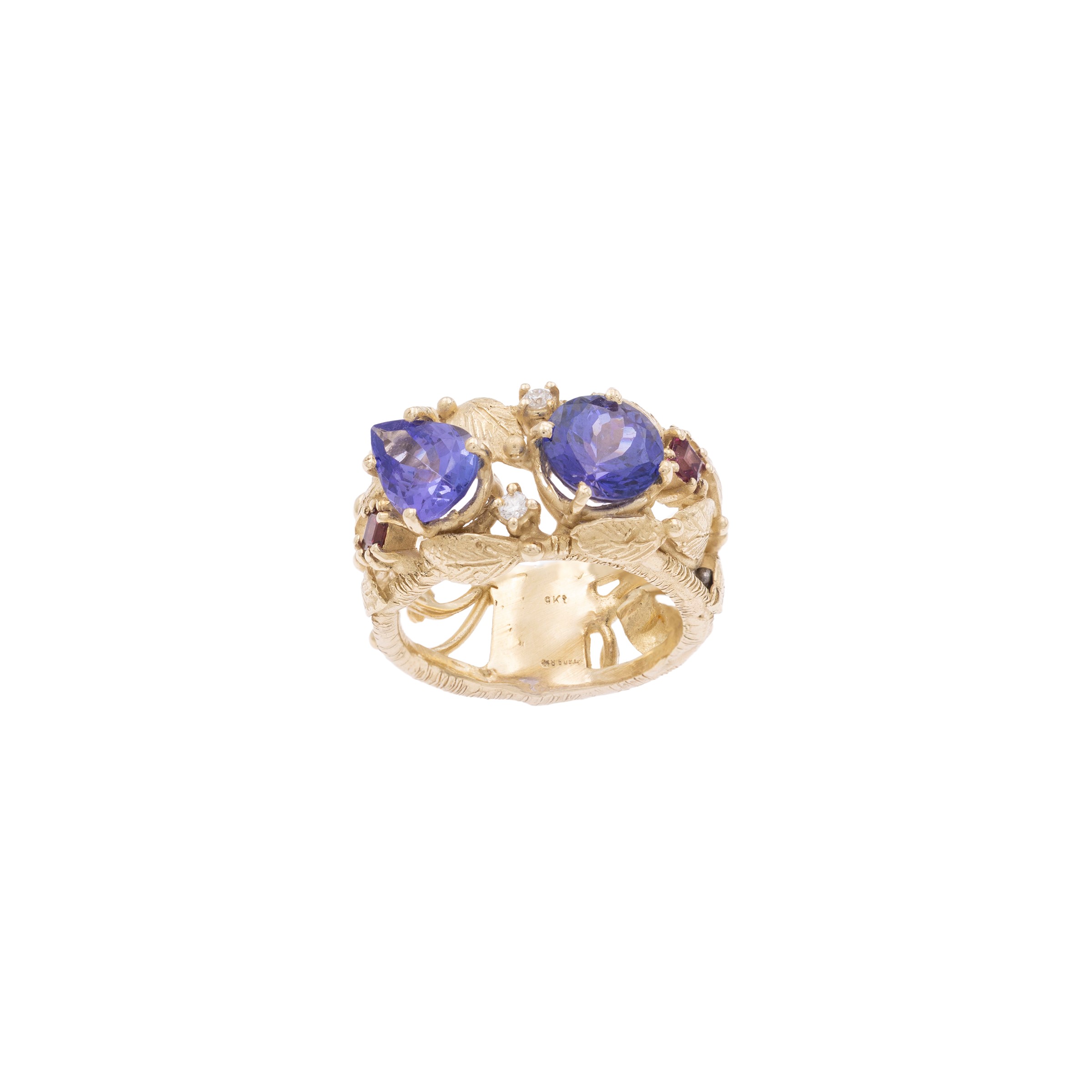 Anello in oro giallo 9 kt con tanzaniti, diamanti e tormaline rosa