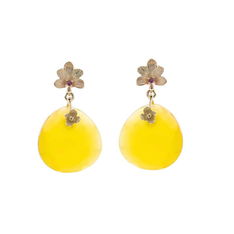 Orecchini Pendenti in Oro Giallo 9kt e Calcedonio Giallo