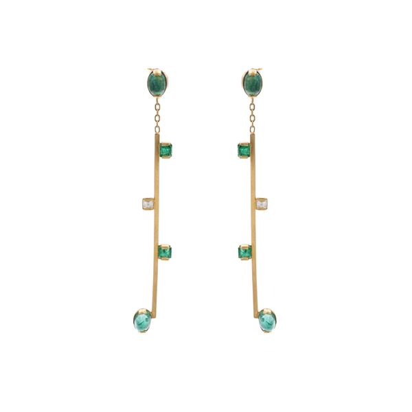 18kt yellow gold pendant earrings with emeralds and diamonds