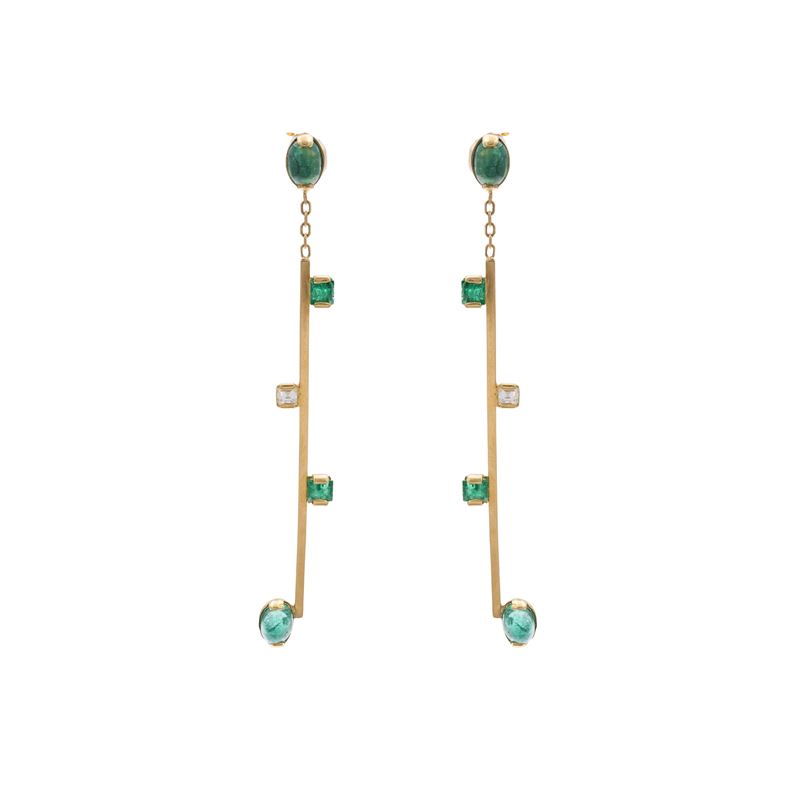 Orecchini Pendenti in Oro Giallo 18kt Smeraldi e Diamanti