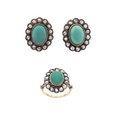 Demi parure, orecchini e anello in oro giallo 9 kt e argento, con turchesi naturali e rose di dia...