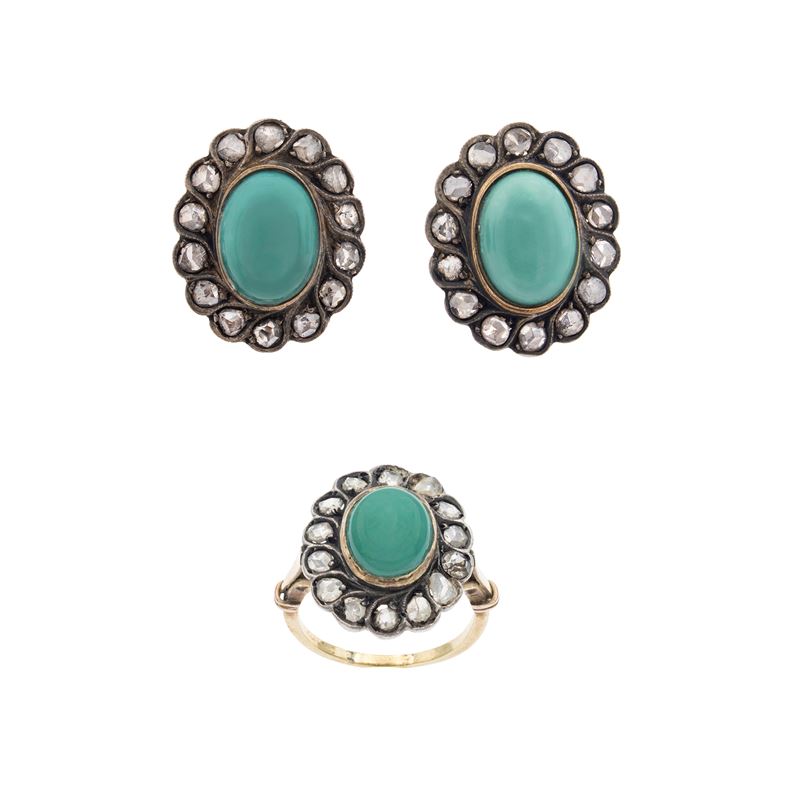 Parure in oro giallo 9 kt e argento, Orecchini e anello con turchesi naturali e rose di diamante ...