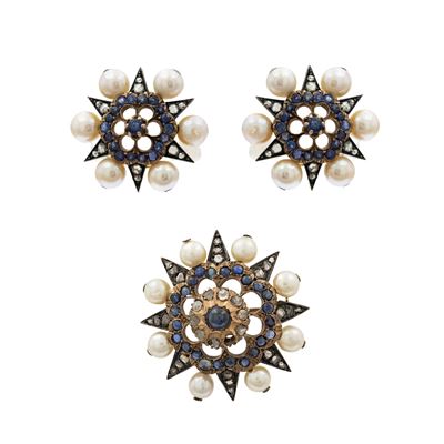 Prima del XX secolo, Demi-parure composta da spilla e orecchini a lobo in oro giallo 9 kt e argen...