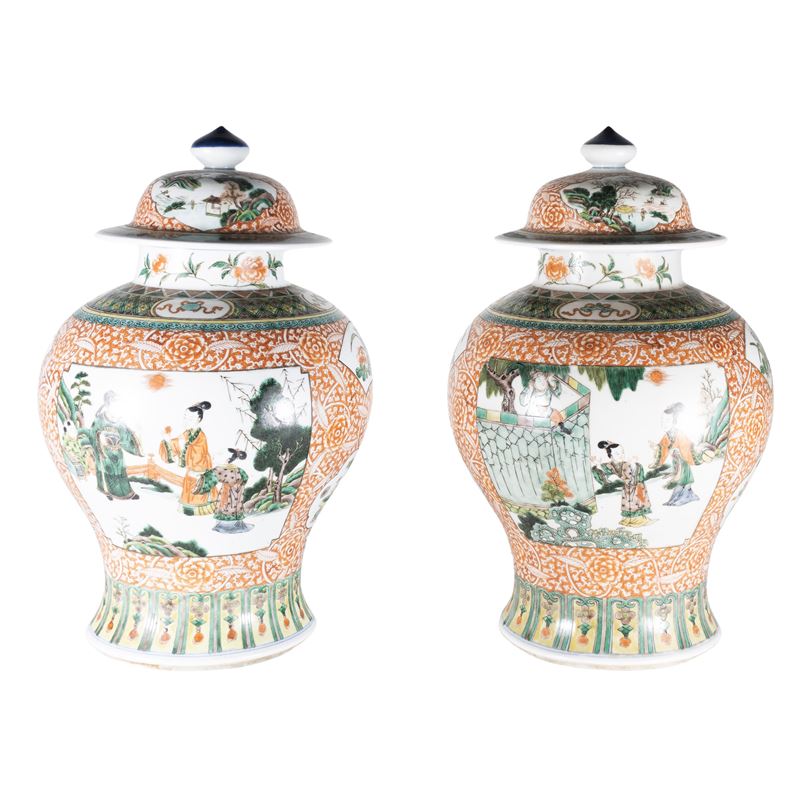 Coppia di potiches in porcellana Famiglia Verde