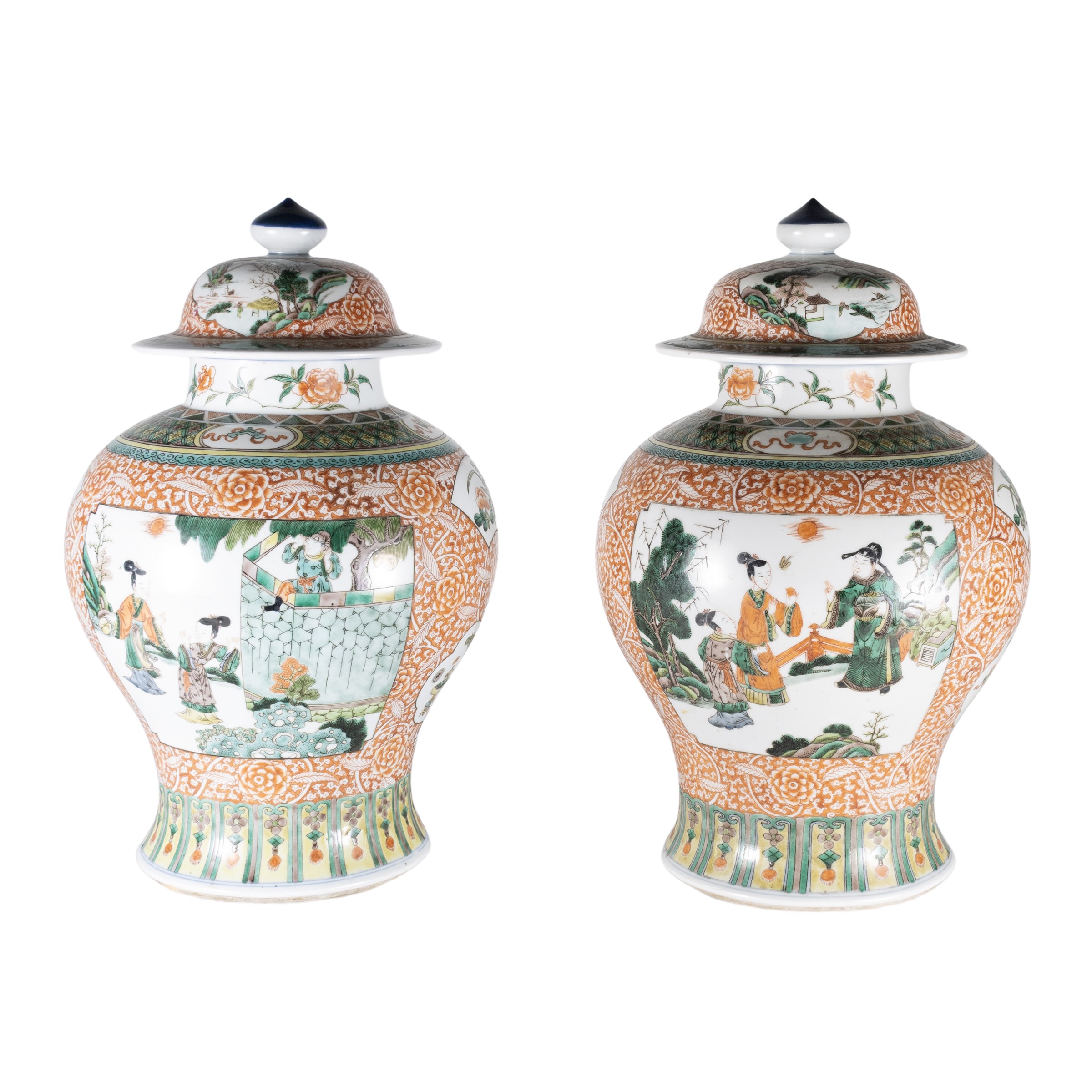 Coppia di potiches in porcellana Famiglia Verde