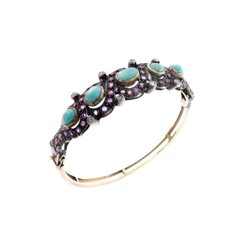 Bracciale a manetta in oro giallo 9kt e argento, primi '900
