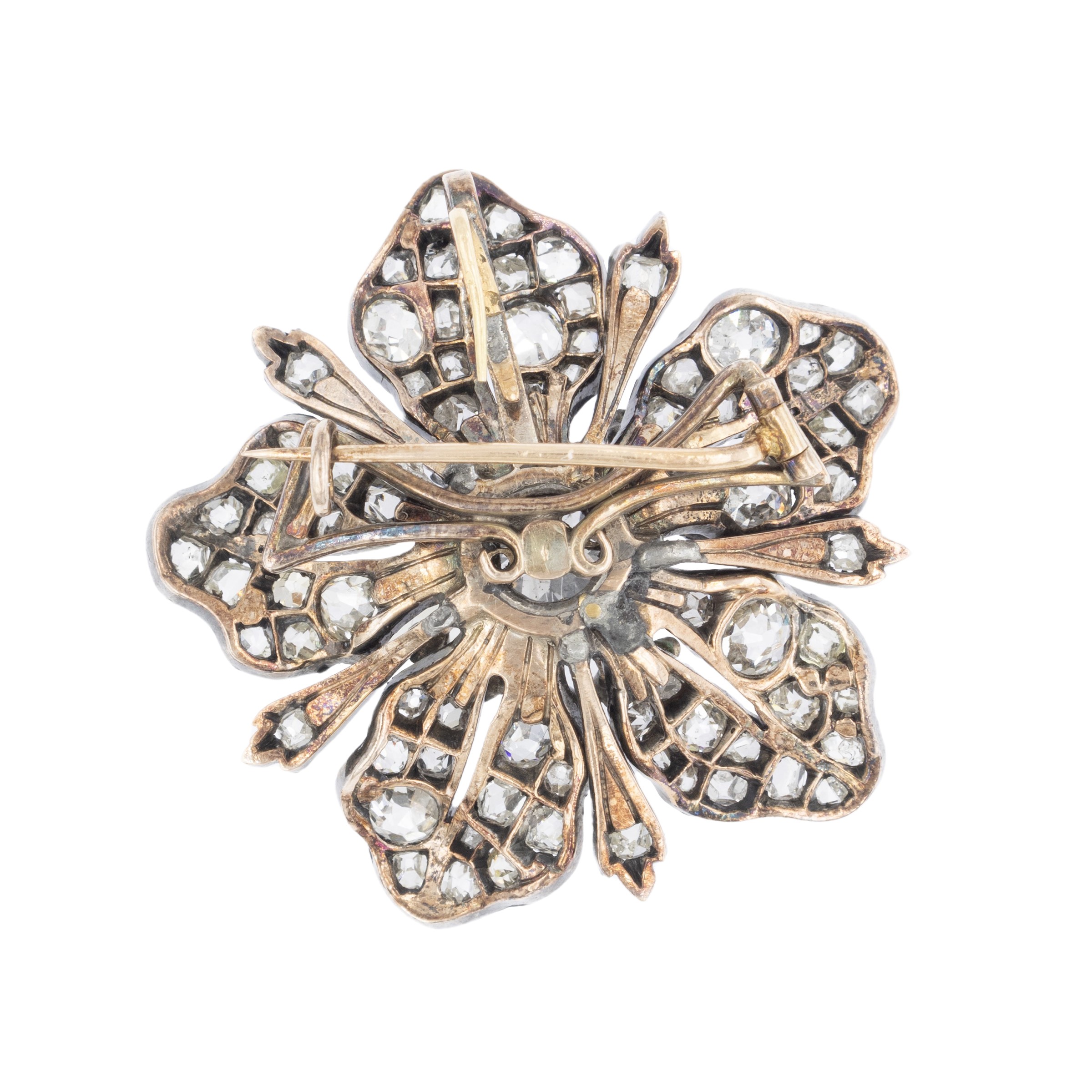 Antica spilla floreale in oro 9kt e argento con diamante e rose di diamante, primi '900