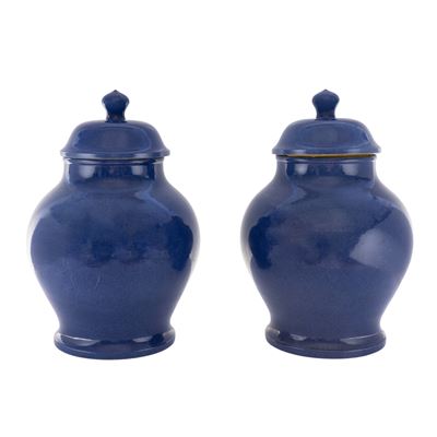 Coppia di grandi potiches, ceramica smaltata monocroma blu, XIX - XX Sec.