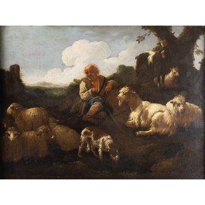 Philipp Peter Roos detto Rosa da Tivoli, Paesaggio con gregge e pastore, olio su tela