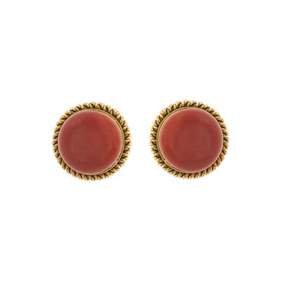 Orecchini a lobo in oro giallo 18kt con corallo mediterraneo, taglio cabochon
