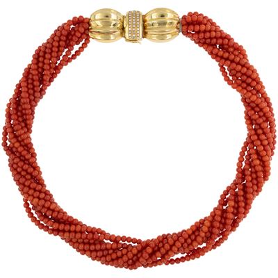 Collana a torchon in corallo rosso mediterraneo naturale, oro giallo 18kt e diamanti
