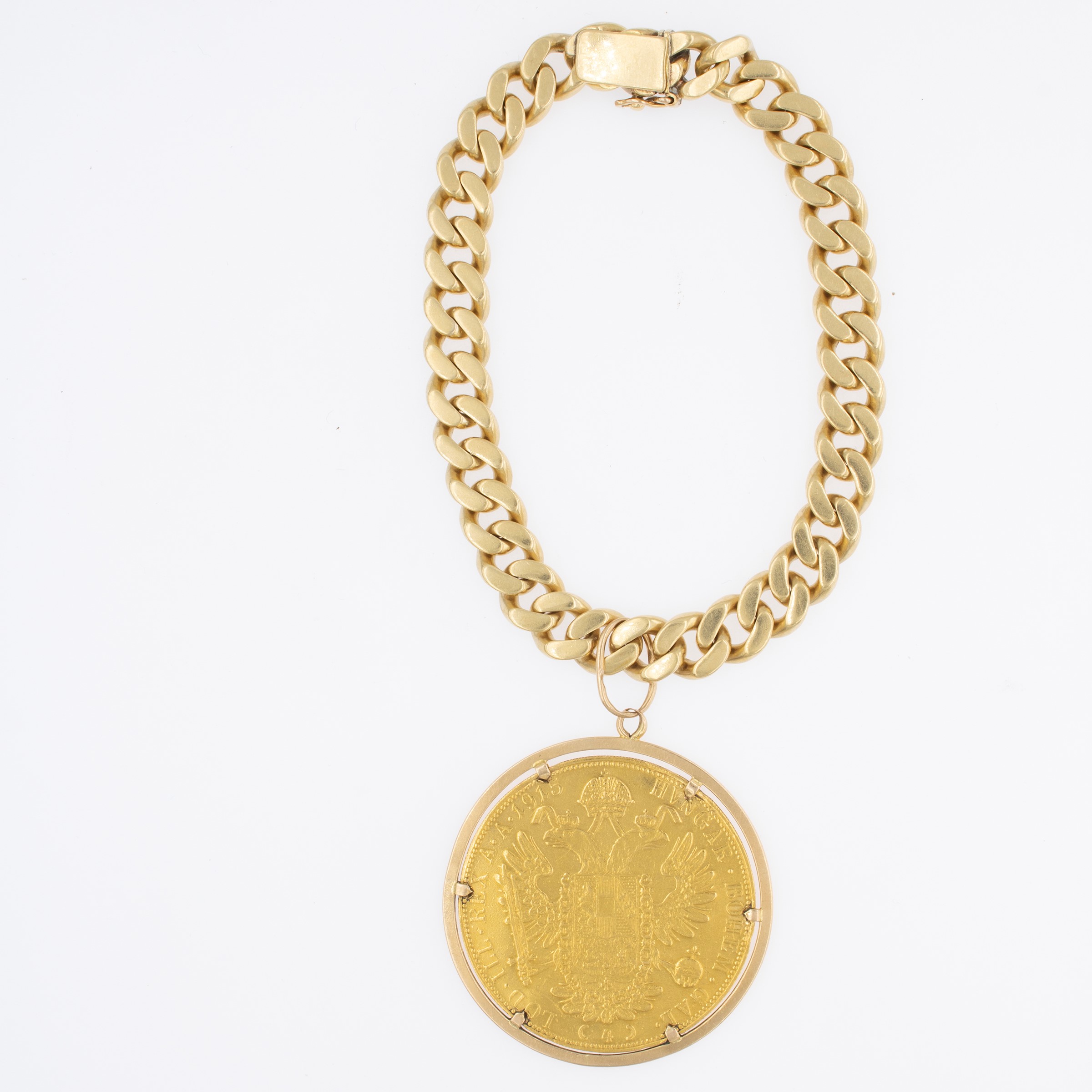 Bracciale a maglia groumette in oro giallo 18kt con moneta pendente