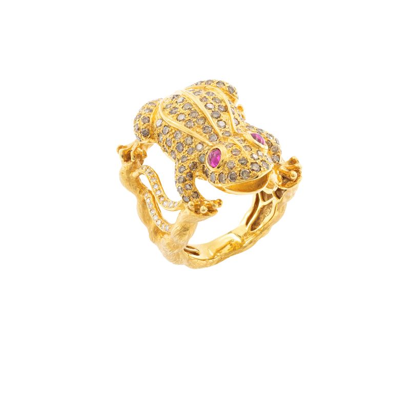 Anello rana in oro giallo 18kt e diamanti fancy brown