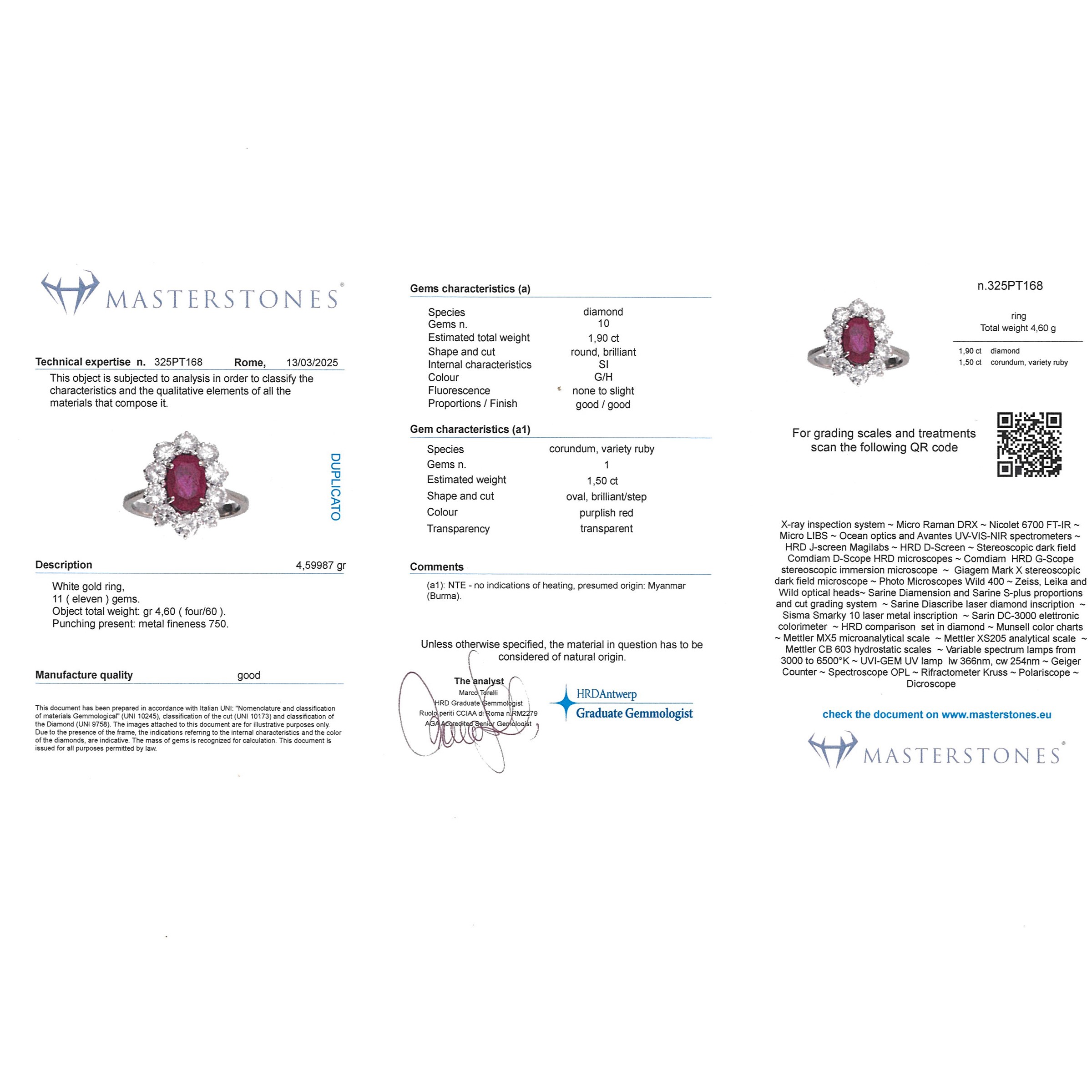 Anello in oro bianco 18kt con rubino birmano naturale e diamanti