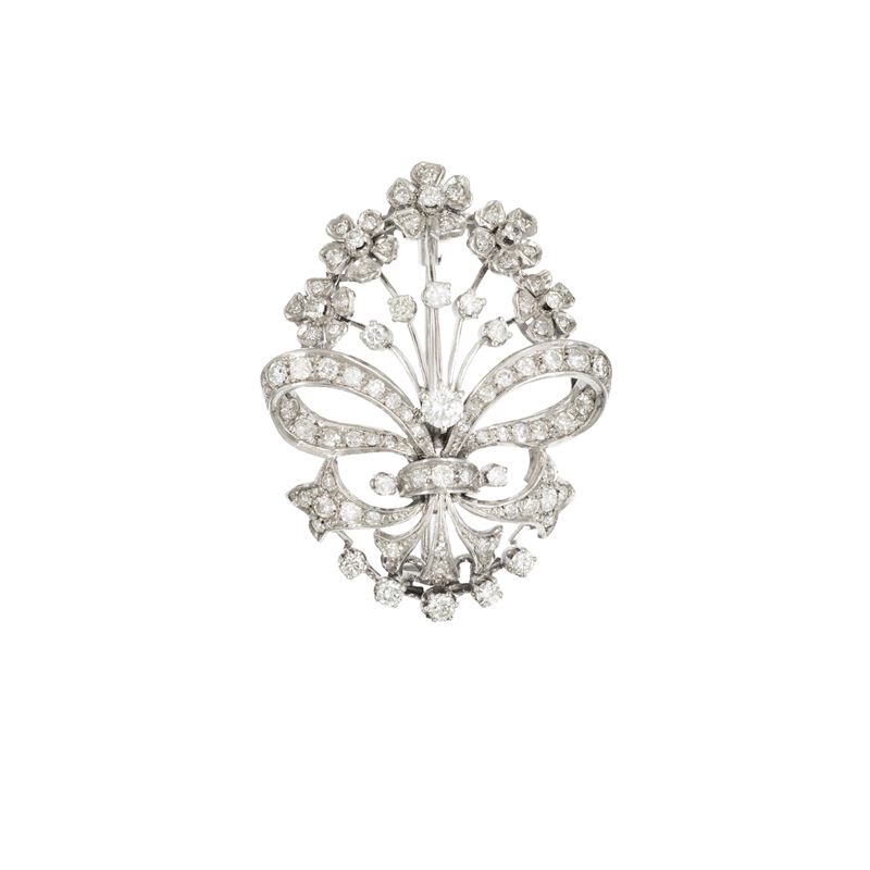 Spilla a Motivo Floreale in Oro Bianco 18kt e Diamanti