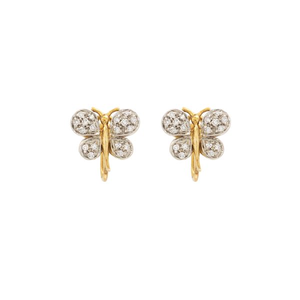 18kt two-color gold and diamonds butterfly earrings