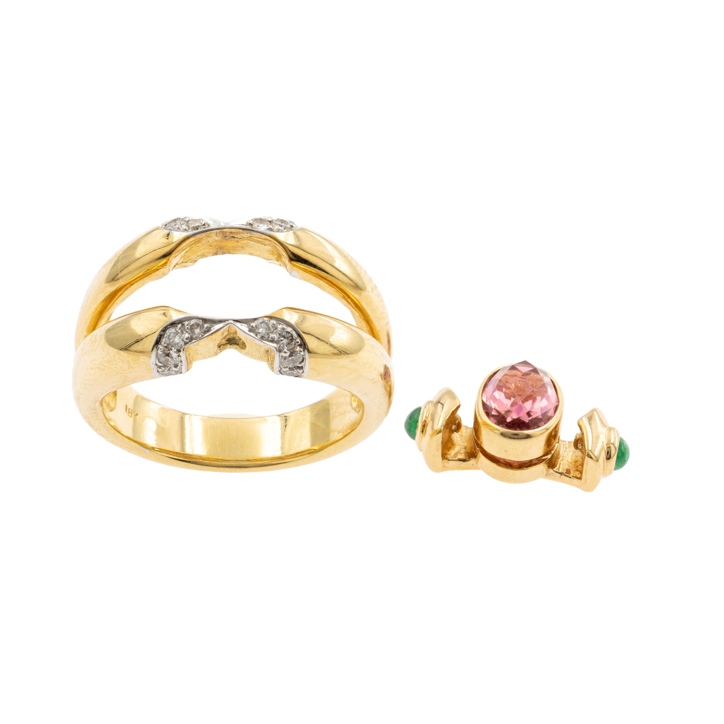 Anello a ponte in oro giallo 18kt con tormalina rosa removibile, diamanti e smeraldi