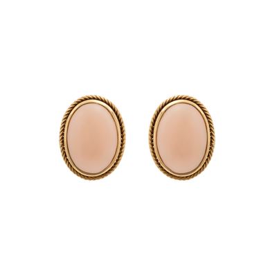 Orecchini a lobo, oro giallo 18 kt con cabochon ovale in corallo “peau d’ange”
