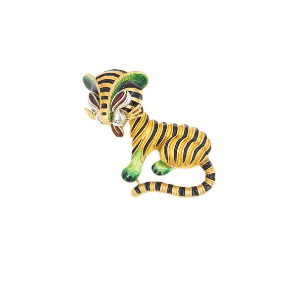 Spilla tigre in oro giallo 18kt e smalti policromi  - Asta GIOIELLI E OROLOGI - Colasanti Casa d'Aste
