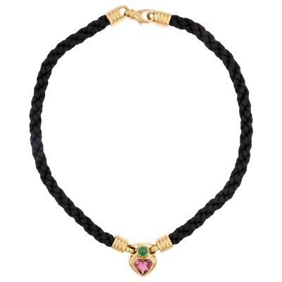 Pendente in oro giallo 18kt con tormalina rosa a cuore e smeraldo cabochon