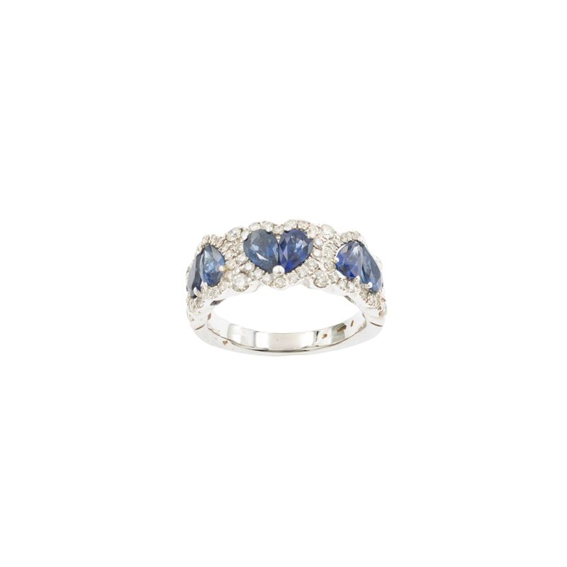 Anello in oro bianco 18 kt con zaffiri a goccia e diamanti