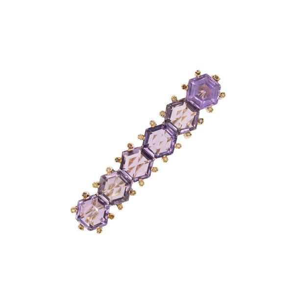 Antica spilla in oro rosa 9kt ametiste e perline