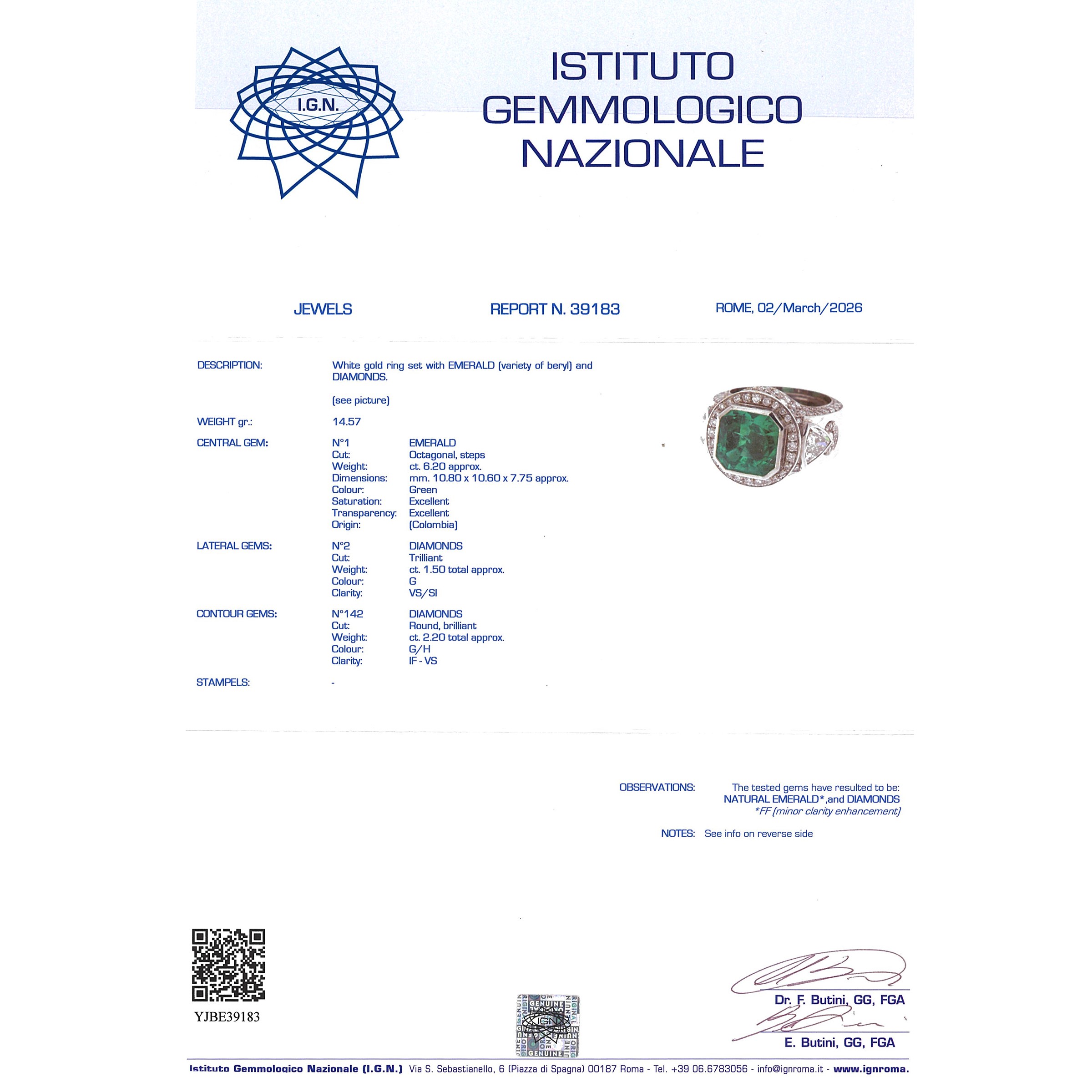 Anello in oro bianco 18kt con smeraldo colombiano naturale ct 6,20 e diamanti