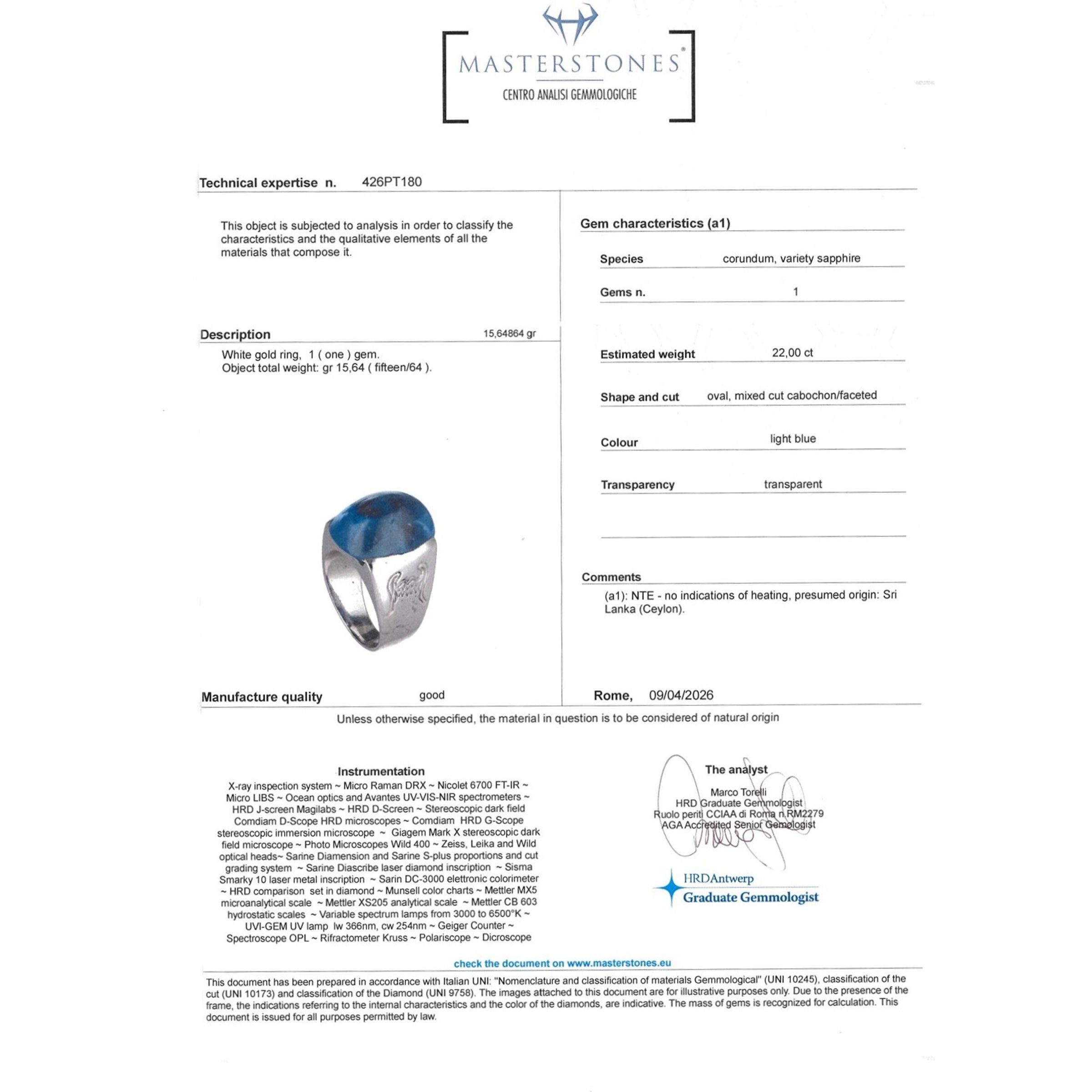 Anello Chevalier in Platino con Zaffiro Naturale Ceylon, Peso 16 gr.