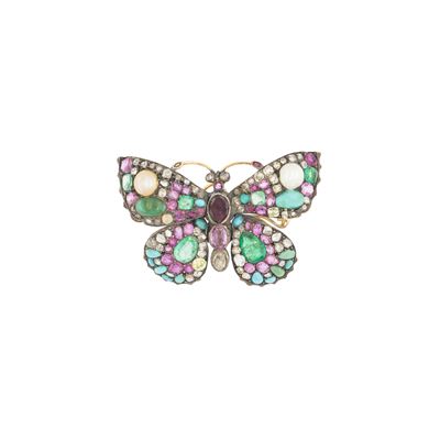 Antica spilla a forma di farfalla in oro rosa 18kt e argento, primi '900