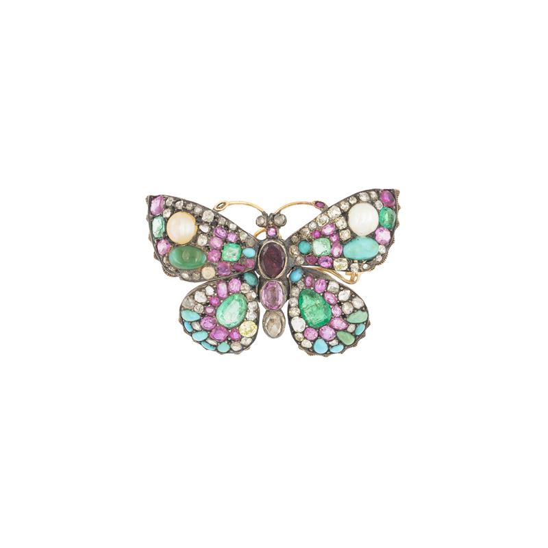 Antica spilla a forma di farfalla in oro rosa 18kt e argento, primi '900