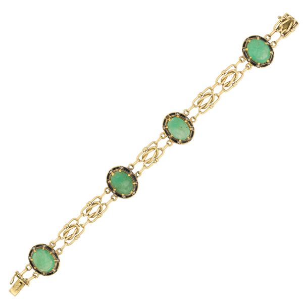 Antico bracciale in oro giallo 18kt, smalto nero e rose di diamante