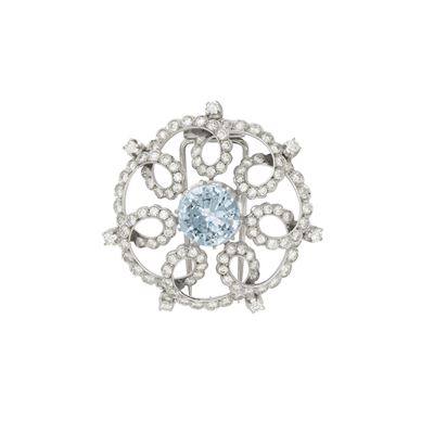 Spilla in oro bianco 18 kt con topazio azzurro da 2,50 ct e diamanti