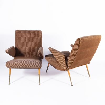 Marco Zanuso, Coppia di poltrone in legno, ottone e tessuto imbottito (anni ’50)