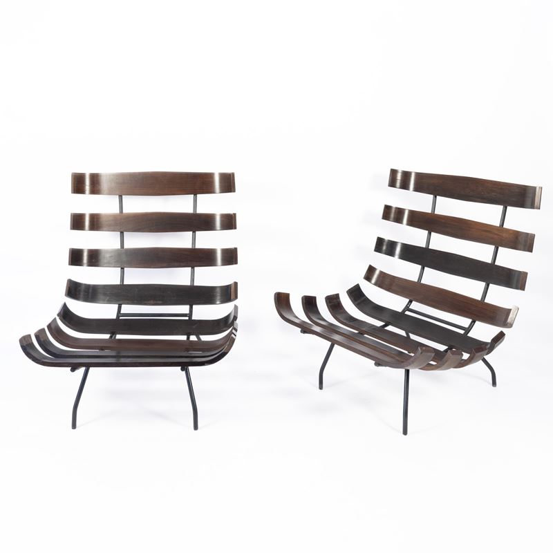 Carlo Hauner Martin Heisler & - Prod. Forma, coppia di poltrone, metallo verniciato e legno curva...