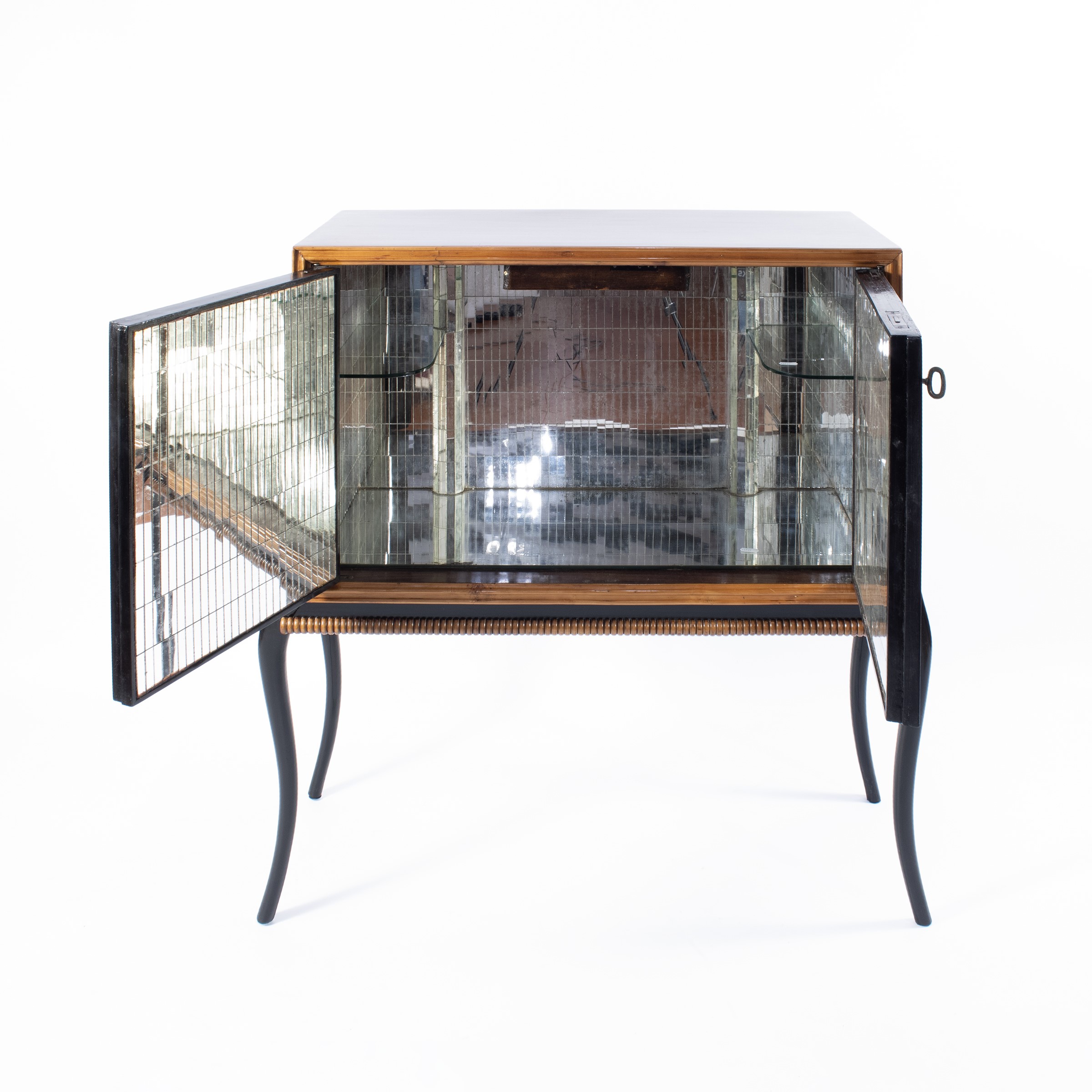Paolo Buffa, mobile bar nello stile di, legno, ottone e vetri specchiati e trasparenti