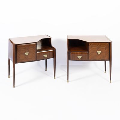 Coppia di comodini in legno, ottone e marmo (anni ’50)